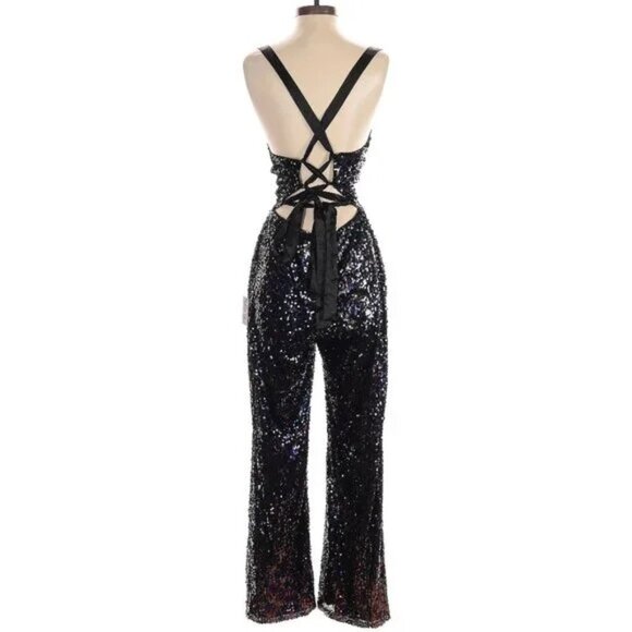 πͺ©π70s GLAM DISCO ERA!ππͺ© High-Shine Iridescent Black Sequin Lace-Up Jumpsuit - Picture 7 of 10